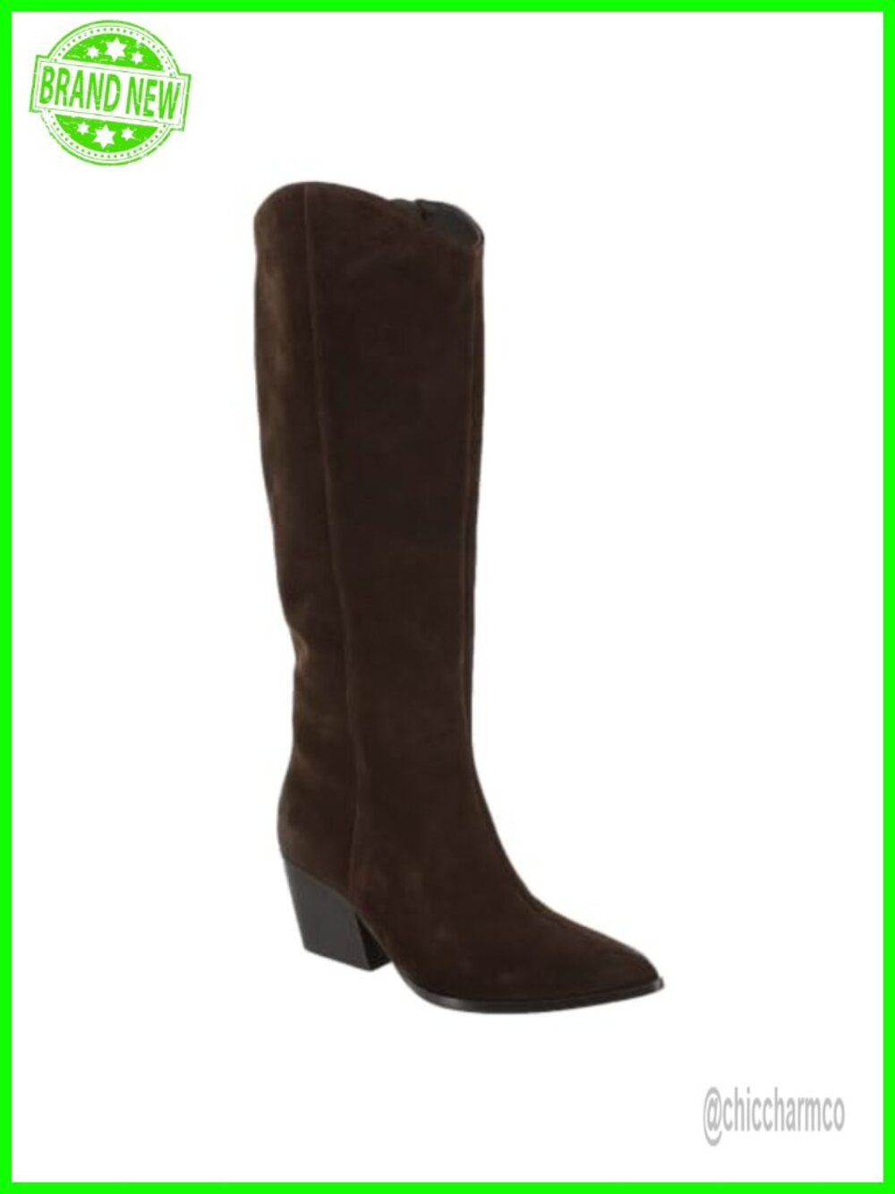 Knee High Suede Pointed Toe Boot with Side Zipper Stacked Leather Heel